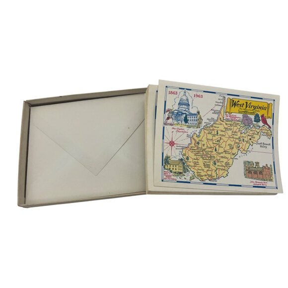 Vintage 1963 West Virginia Map Centennial Notecards Box Set Of 12 With Envelopes - Picture 2 of 5